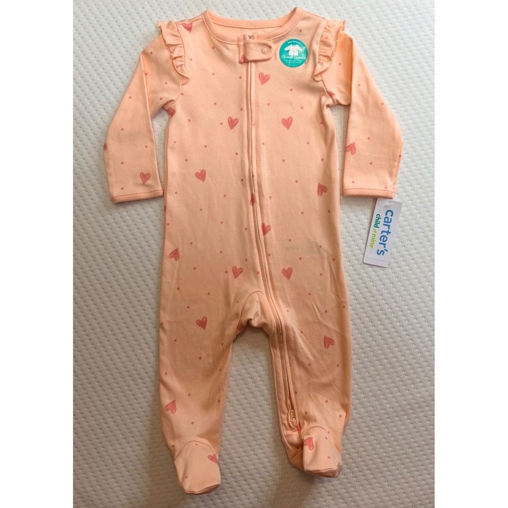 Carters Child of Mine Baby Girl Peach Heart Ruffle 2-Way Zip Footed Sleeper 6-9M